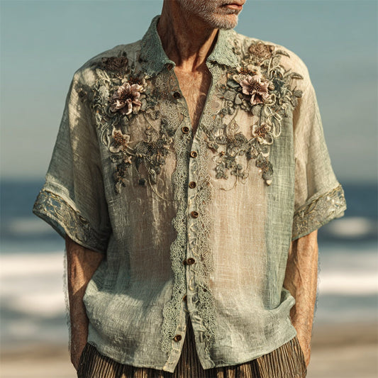 Vintage Boho Lace Floral Art Men's Linen Short Sleeve Shirt artswardrobe