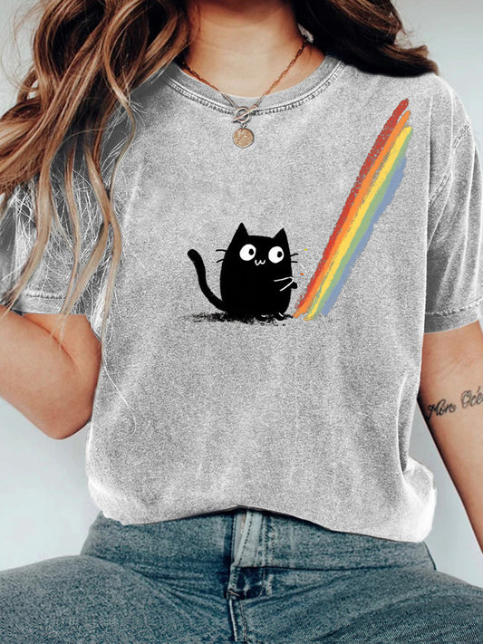 Comstylish Rainbow-playing Kitten Fun Round-neck Short-sleeved T-shirt