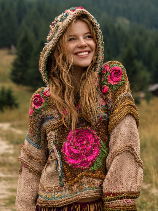 Comstylish Boho Vintage Floral Embroidery Women's Knit Hooded Sweater