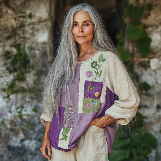 Retro Bohemian Art Patchwork Floral Embroidery Print Cotton And Linen Blend Loose Blouse artswardrobe