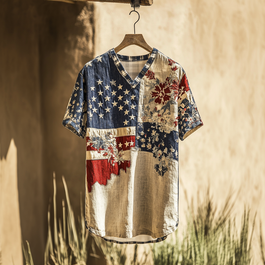 Men's American Flag Independence Day With Floral Patchwork Sun Linen T-shirt artswardrobe