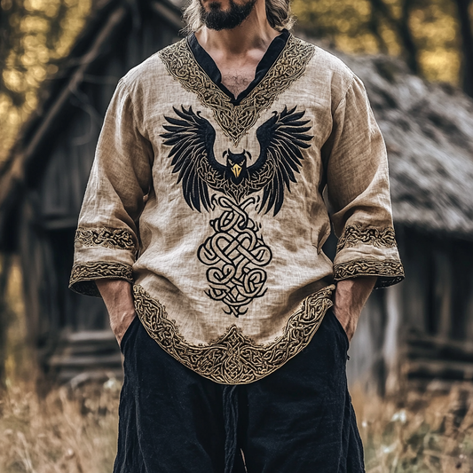 Vintage Men's Viking Eagle Rune Print Linen Shirt artswardrobe