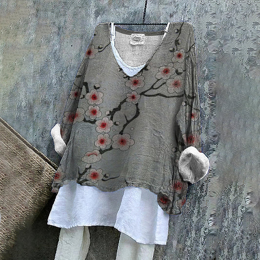 Comstylish Women's Japanese Art Plum Blossom Loose Casual Shirt