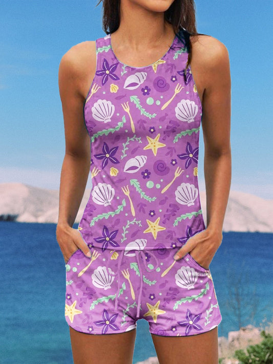 Shells Starfish Conch Print Halter Ruffle Ruched Jacquard Tankini Short Set