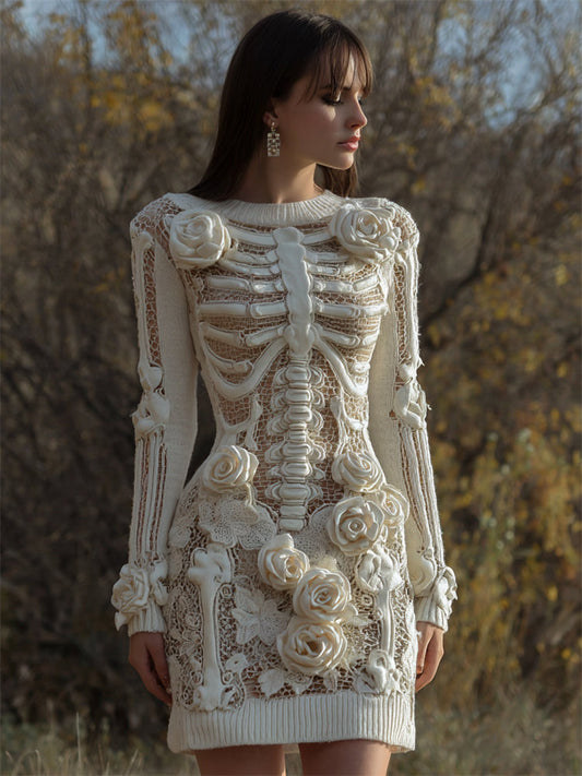 Comstylish Skeleton White Roses Lace Crochet Cozy Knit Sweater Dress