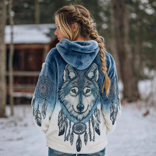 Comstylish Women's Retro Tribal Wolf And Dreamcatcher Art Pattern Plush Hooded Sweatshirt
