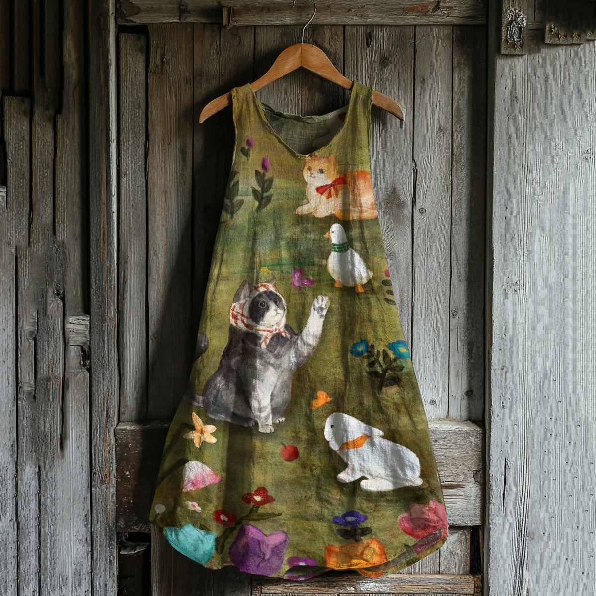 Comstylish Abstract Creative Cute Cats And Farm Family Art Linen Blend Tank Dress