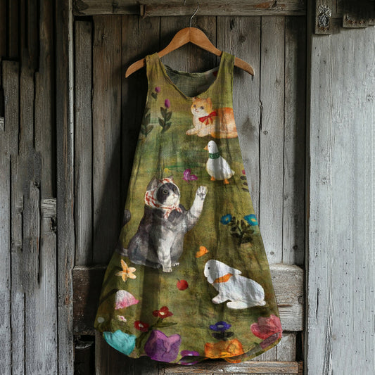 Comstylish Abstract Creative Cute Cats And Farm Family Art Linen Blend Tank Dress