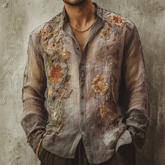 Men's Vintage Boho Floral Embroidered Flowy Linen Shirt artswardrobe