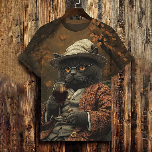Men's Cat Drinking Red Wine Art Print T-shirt elevenforest