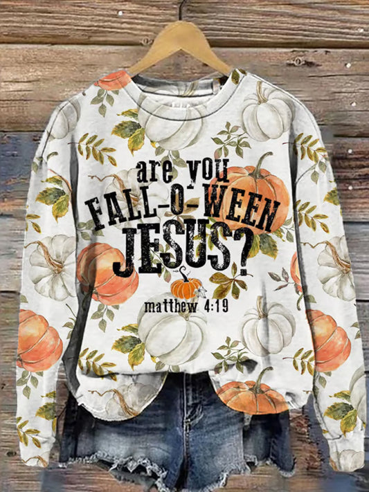 Women's Are You Fall-o-ween Jesus Matthew 4:19 Print Crew Neck Sweatshirt artswardrobe