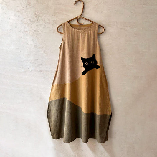 Comstylish Women's Cute Black Cat In Contrast Color Design Midi Dress