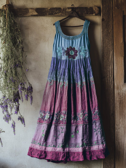 Vintage Bohemian Lavender Embroidery Patchwork Art Sleeveless  Cozy Linen Maxi Dress artswardrobe