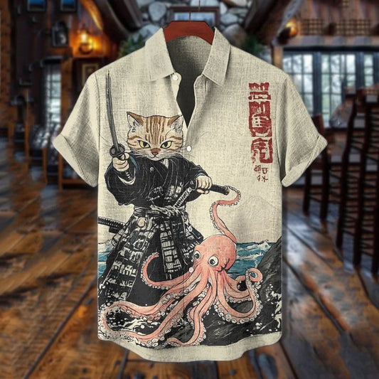 Men's Japanese Art Octopus Cat Warrior Print Short Sleeve Shirt elevenforest