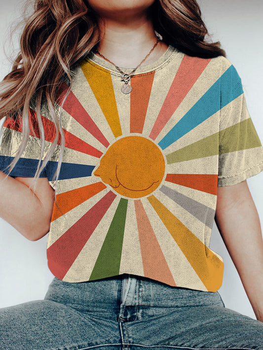 Rainbow Glow Cat Graphic Vintage Short Sleeve T-Shirt elevenforest