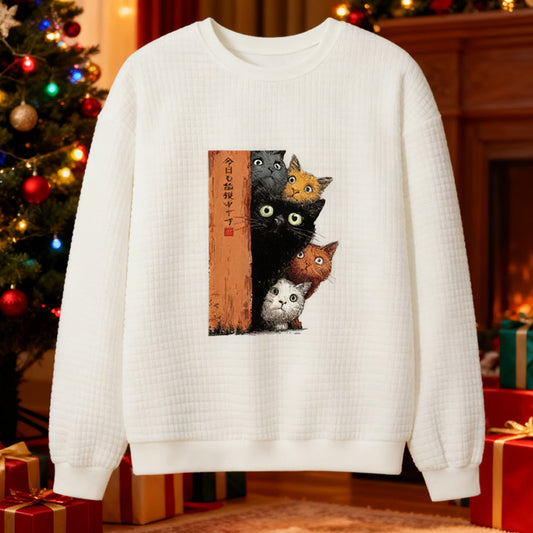 Japanese Art Funny Black Cat Print Waffle Sweatshirt elevenforest