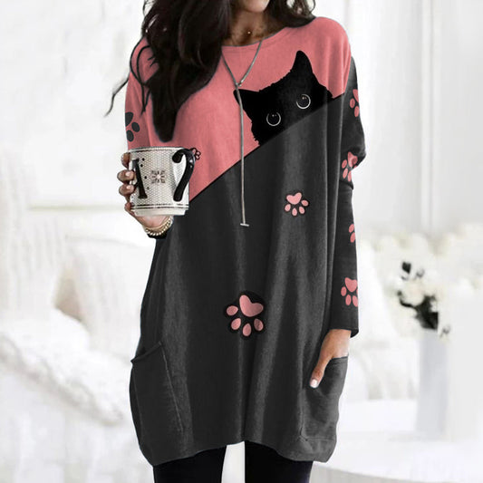 Comstylish Abstract Creative Cute Black Cat Print Cozy Tunic