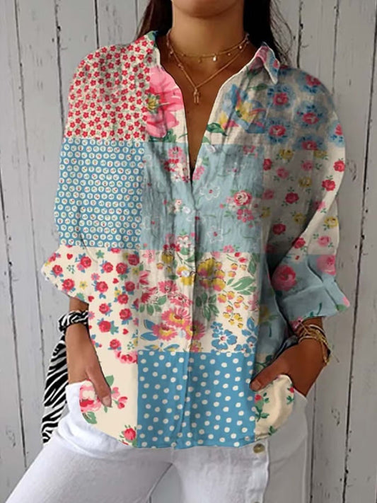 Comstylish Women's Vintage Botanical Floral Patchwork Art Print Design Lapel Shirt