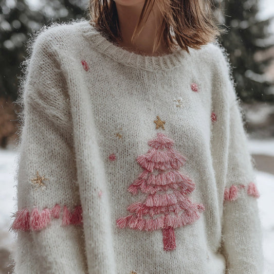 Comstylish Women's Pink Christmas Tree Embroidered Cozy Knit Sweater