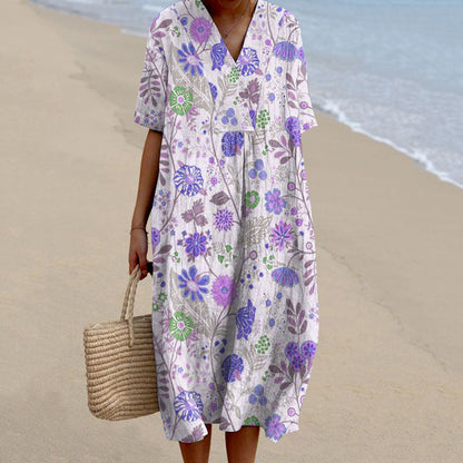Comstylish Women's Pastoral Floral Art Print Casual Cotton Linen Dress
