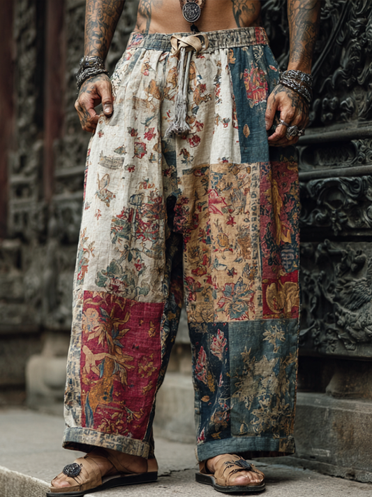 Western Bohemian Style Plant And Flower Pattern Retro Cotton And Linen Loose Wide-leg Pants artswardrobe