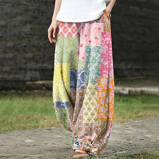 Comstylish Vintage Geometry Tribal Floral Printed Pocket Casual Pants