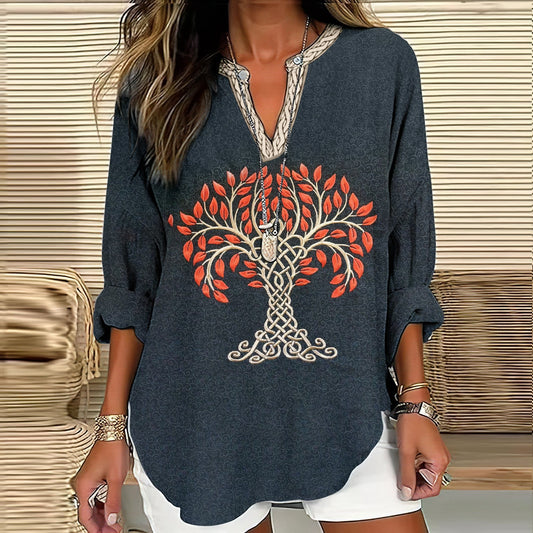 Comstylish Women's Viking Tree Of Life Celtic Knot Art Linen Print Casual Shirt