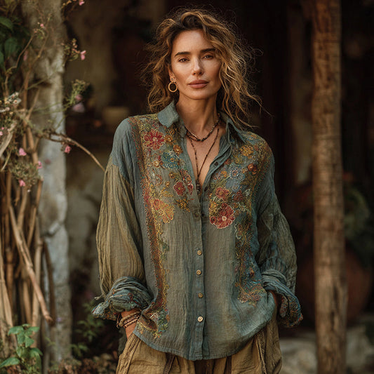 Women's Vintage Floral Embroidered Casual Shirt artswardrobe