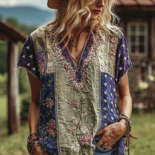 Women's Vintage American Western Country Style Floral And Stars Embroidered Linen Blend V-neck T-shirt artswardrobe