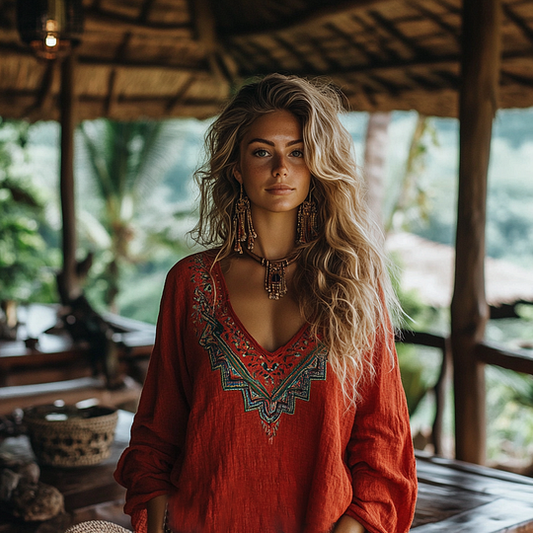 Comstylish Retro Boho Tribal Art Embroidery Print Cotton And Linen V-neck Loose Shirt