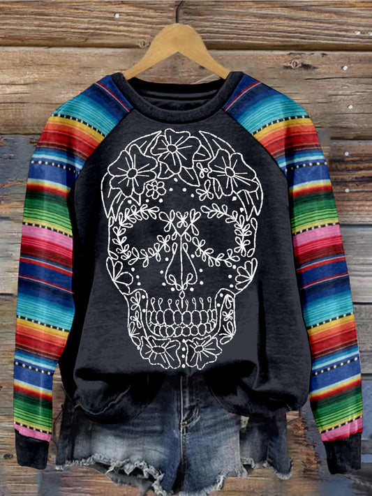 Comstylish Floral Sugar Skull Embroidered Mexican Stripes Cozy Sweatshirt