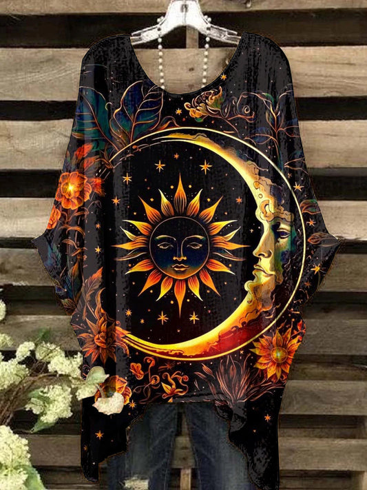 Women's Vintage Mystery Star And Moon Art Print Crew Neck Top