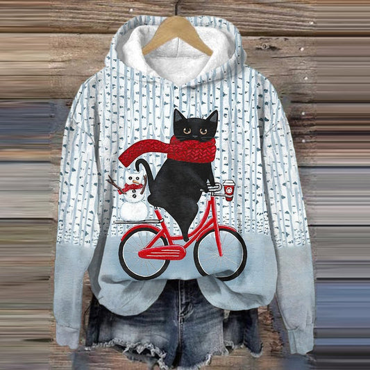 Comstylish Christmas Cat Print Long Sleeve Casual Hoodie