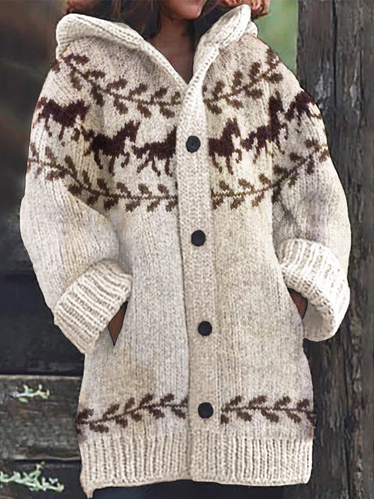 Vintage Running Horses Yoke Cozy Knit Hooded Cardigan artswardrobe