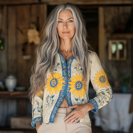 Bohemian Linen Floral Ukraine Sunflower Gradient Art Print  Long Sleeve Shirt artswardrobe