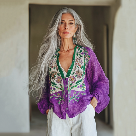 Bohemian Linen Floral Art Print Long Sleeve Loose  Shirt artswardrobe