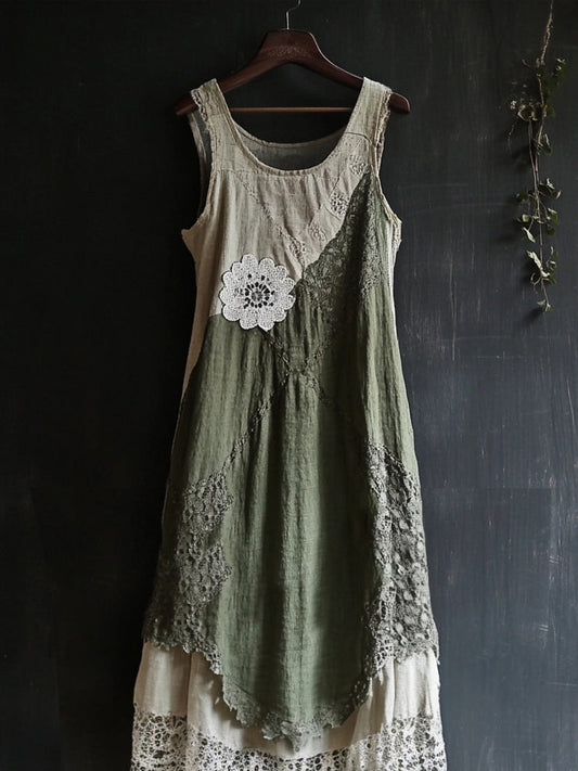 Vintage Lace Patchwork Comfy Linen Tank Dress artswardrobe