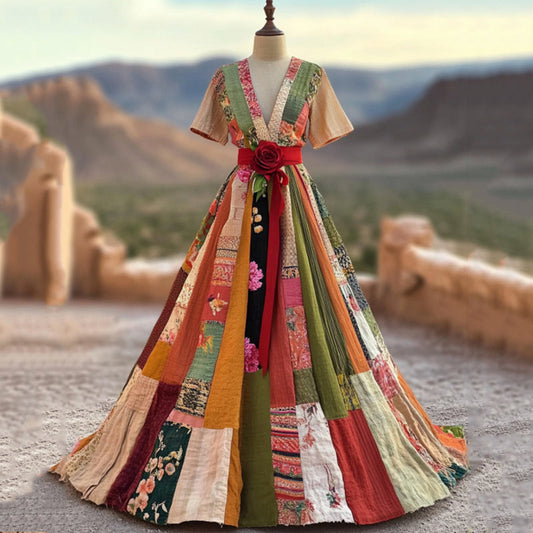 Women's Vintage Floral Color Block Short Sleeve Maxi Dress artswardrobe