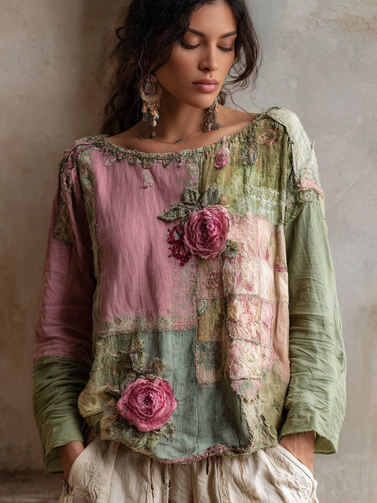 Vintage Pink Roses Embroidered Patchwork Linen Shirt artswardrobe