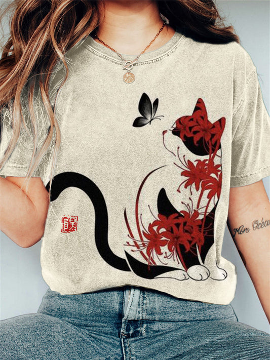 Comstylish Spider Lily Floral Cat Japanese Art T Shirt