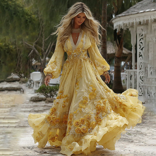 Comstylish Women's Vintage Yellow Roses And Floral Art Print V-neck Long Sleeve Maxi Dress