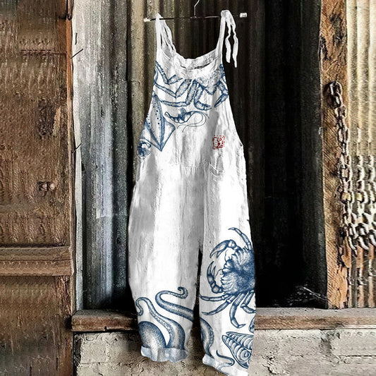 Comstylish Japanese Art Octopus And Crab Print Casual Linen Blend Loose Jumpsuit