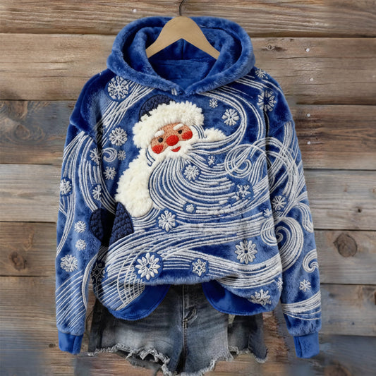 Comstylish Retro Christmas Santa Art Embroidered Cozy Plush Hoodie