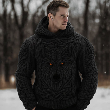 Men's Viking Celtic Wolf Knit Chunky Hooded Sweater artswardrobe