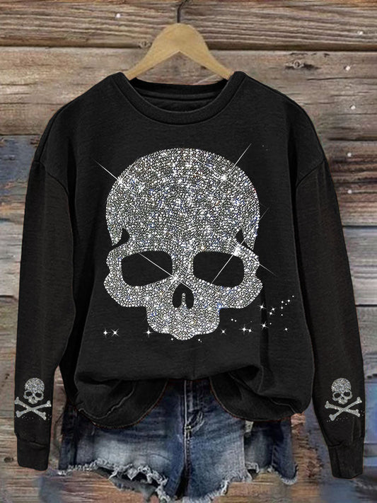 Comstylish Shiny Rhinestone Skull Pattern Sweatshirt