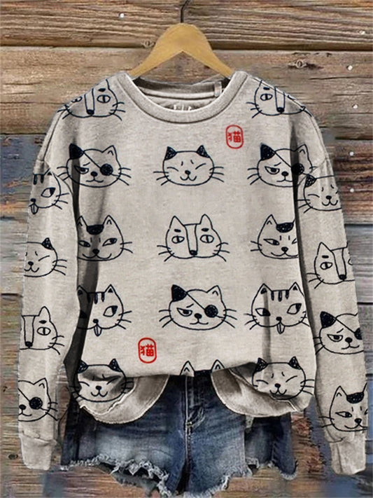 Lovely Cats Faces Japanese Pattern Sweatshirt elevenforest