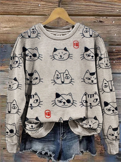 Comstylish Lovely Cats Faces Japanese Pattern Sweatshirt