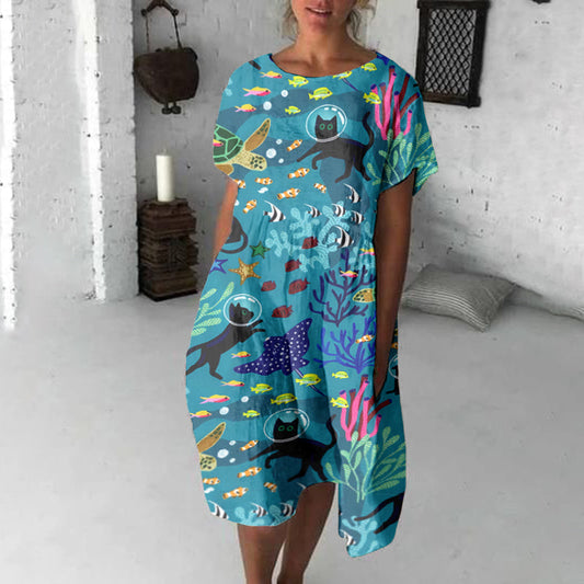 Cute Cat Underwater World Art Linen Blend Loose Casual Midi Dress elevenforest