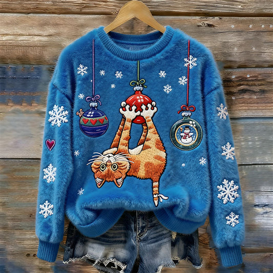Comstylish Women's Christmas Cat Embroidery Art Round Neck Comfort Plush Sweatshirt