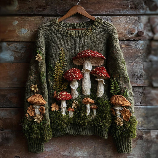 Comstylish Vintage Forest Mushroom Fern Embroidered Cozy Knit Sweater